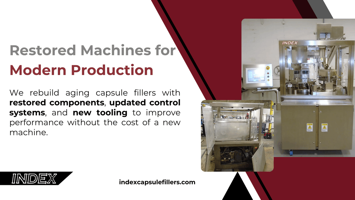IndexCapFillers's tweet photo. Need better capsule filling performance without buying a new machine?

Index rebuilding services modernize aging capsule fillers with updated controls, rebuilt components, and new tooling.

https://t.co/F5GvaFAAnj https://t.co/or8F6dHiY9