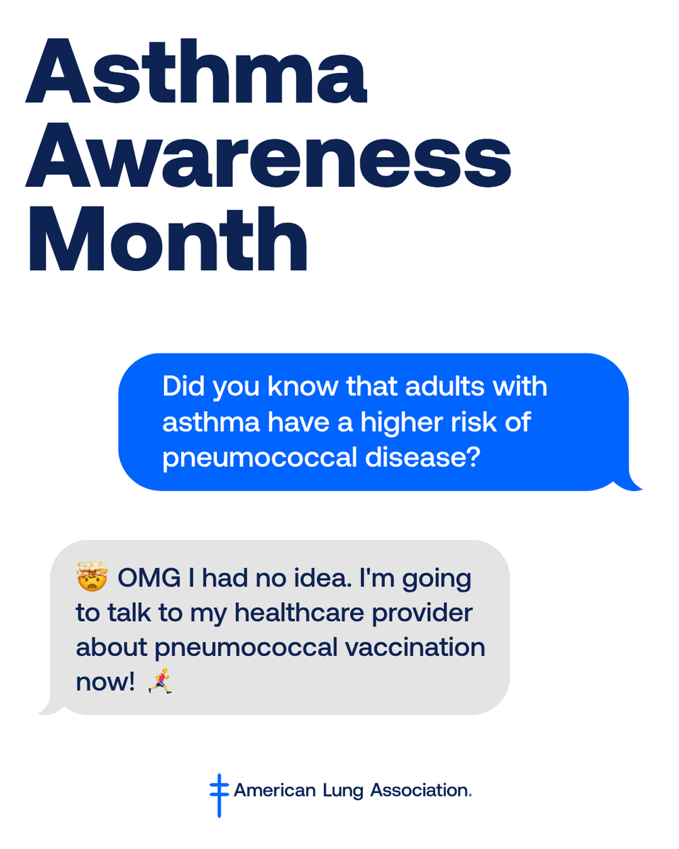 LungAssociation's tweet photo. As of 2023, about 23 million adults have #asthma in the U.S. Adults with asthma are at increased risk for pneumococcal pneumonia.  

Check with your provider about pneumococcal vaccination. 🔗 https://t.co/DsPuH3e4nM 

In partnership with Pfizer. #AsthmaAwarenessMonth https://t.co/jHH2tVOTgL