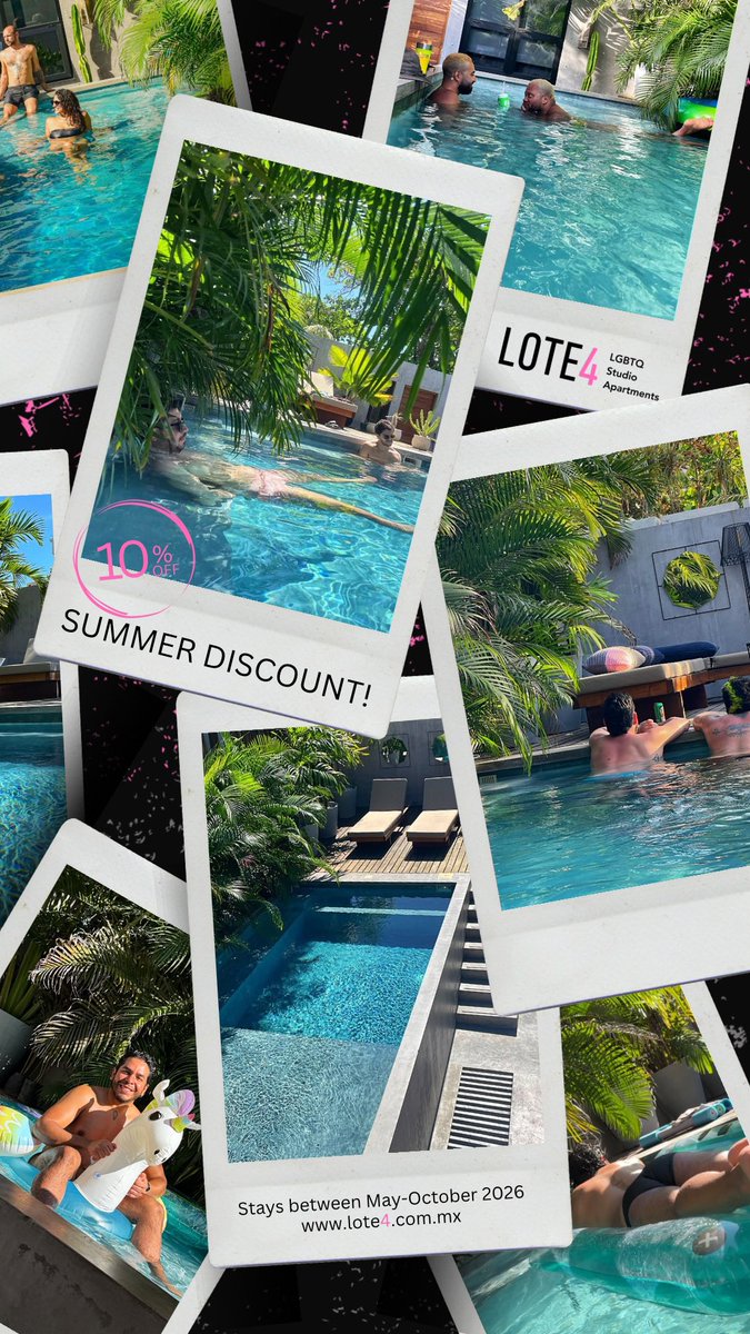 LOTECUATRO's tweet photo. Summertime pooltime! Stay with us this summer and get 10% extra discount on https://t.co/uPGLxDwCmr.

#lgbtq #gay #mexico #playadelcarmen #gaytravel #summerdiscount #pridemexico #queer https://t.co/GehudYUCQo