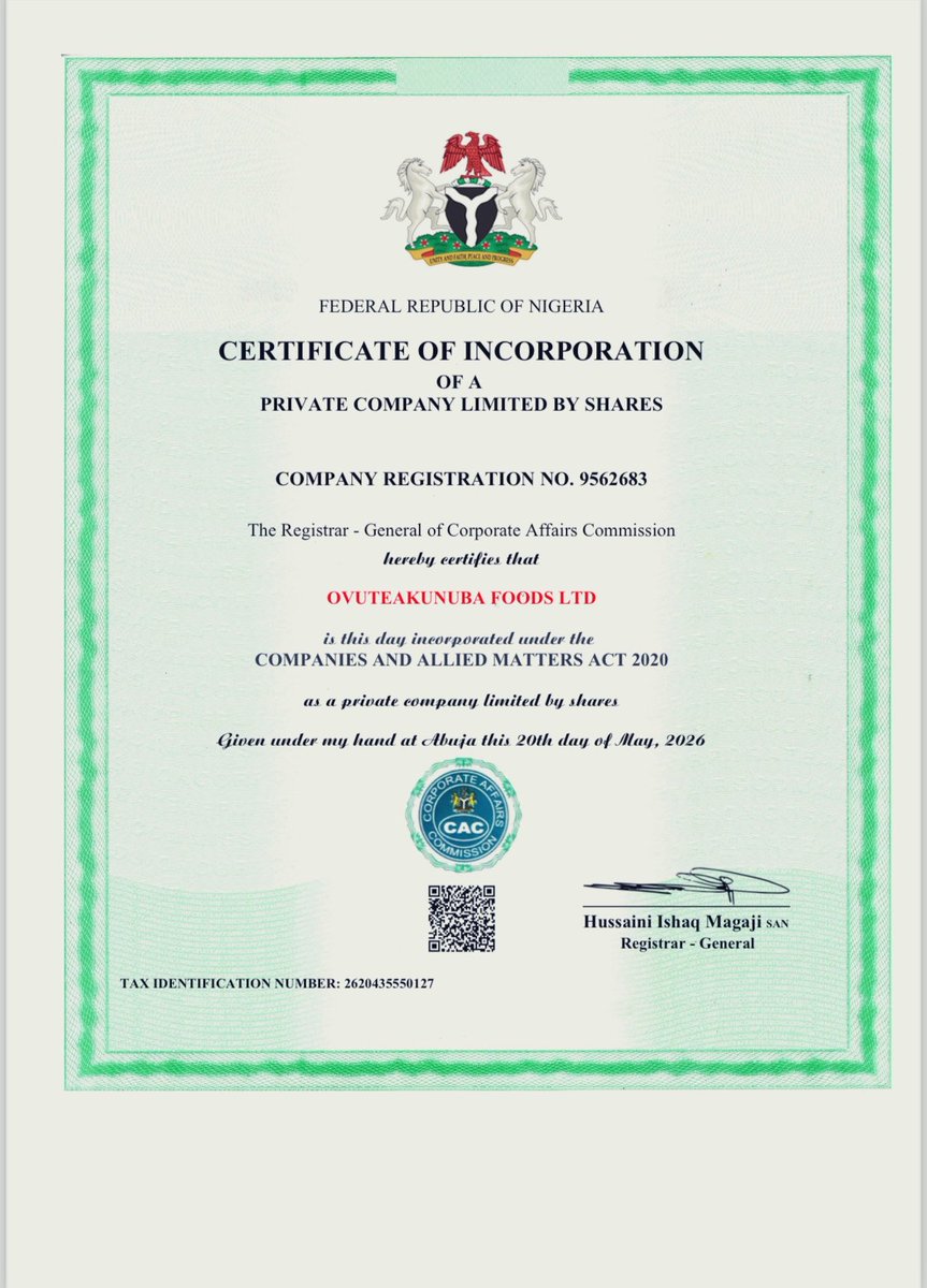 MaziIkeUgwu's tweet photo. Today being 20 May, 2026, @OvFoodsLTD got incorporated under the Nigerian Corporate Affairs Commission! https://t.co/L9r25Al6Mt