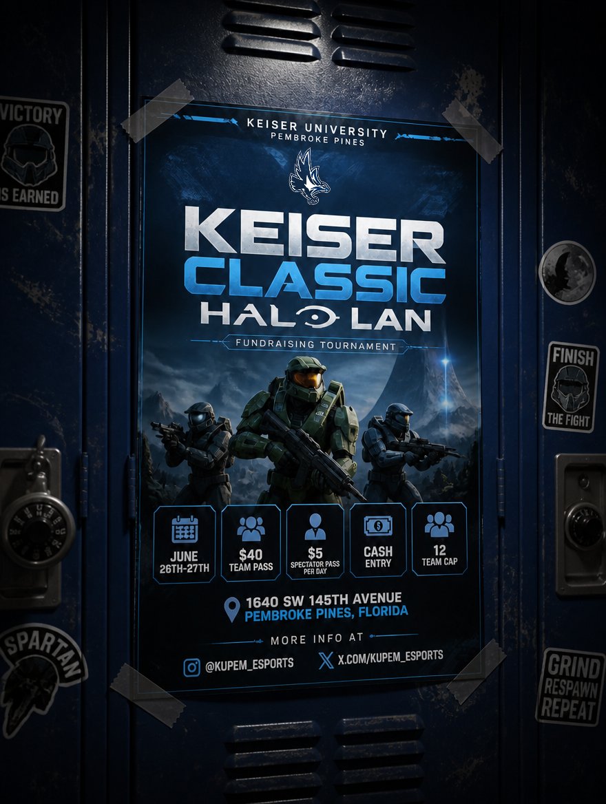 _Slim_FPS's tweet photo. Before the official announcement:

I’ll be hosting a 12-team, double elimination Halo Infinite LAN on June 26th–27th in South FL.

This open tournament will help fundraise for Keiser University Esports while continuing to grow grassroots esports in South FL.

Questions? DM me through the Discord listed on the signup form.

Sign up:
https://t.co/wwG5DkdUMH