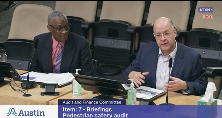 AustinAuditor's tweet photo. Assistant City Auditor Patrick Johnson and Supervising Senior Auditor Henry Katumwa answer questions from the committee. #auditatx #austintx #pedestriansafety https://t.co/ET6jb8cdfY