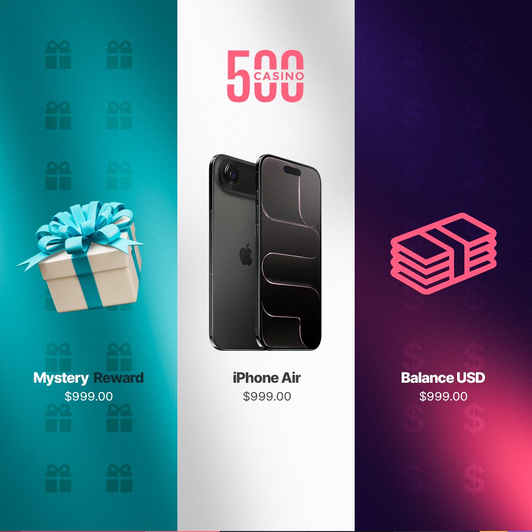 500Casino's tweet photo. If we gave you the option to pick, which reward would you choose?

- $999 Mystery Reward 🎁
- $999 iPhone Air 📱
- $999 Balance 💸

🔁 + drop your choice below https://t.co/4xZZSUNmPI