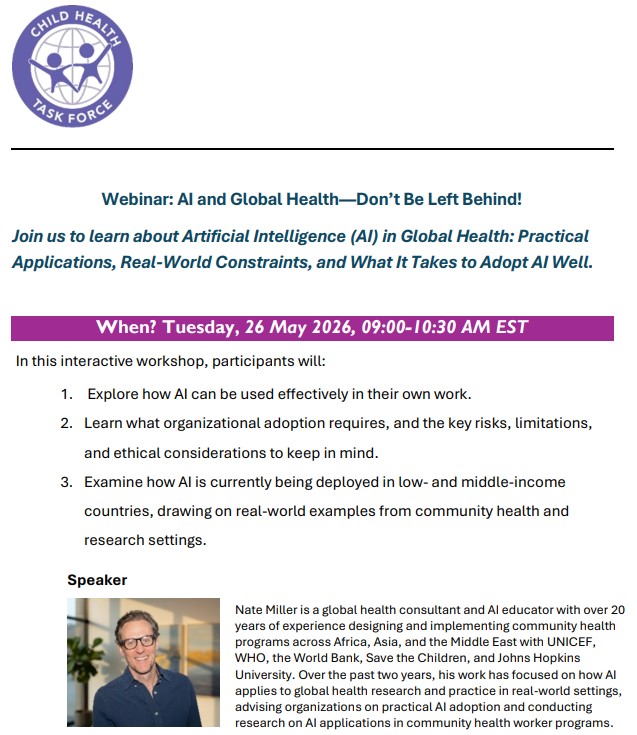 COREGroupDC's tweet photo. Take a look at this upcoming webinar organized by the @ChildHealthTF - AI and Global Health: Don't Be Left Behind!

📅 Tuesday, May 26, 2026 | 9:00 – 10:30 AM EST

A great opportunity for global health practitioners, researchers, and policymakers to explore how AI can be responsibly applied in real-world settings!

🔗 𝗟𝗲𝗮𝗿𝗻 𝗺𝗼𝗿𝗲 𝗮𝗻𝗱 𝗿𝗲𝗴𝗶𝘀𝘁𝗲𝗿 𝗵𝗲𝗿𝗲: https://t.co/RGO1S2HwqP

#GlobalHealth #AI #ArtificialIntelligence #CommunityHealth #COREGroup #ChildHealth