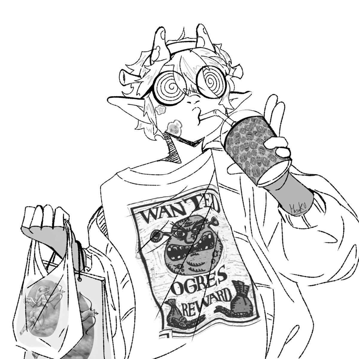 Misuk05's tweet photo. I saw something about Michael that said he would be a big fan of the Shrek movies. And I thought it was funny to make a drawing about that XD I'm wondering whether to change it to color or leave it like this

#mushroomoasis #mychael #fanart https://t.co/3kr2VuQxm7