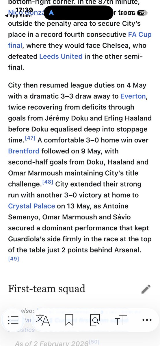 KevinWhitcher01's tweet photo. Rather strangely, although the results table on Manchester City's 2025-26 season Wikipedia page has been updated, for some reason last night's game at the Vitality is not mentioned in the text.

Any ideas why? 🤔 https://t.co/E5JPr6sk6J