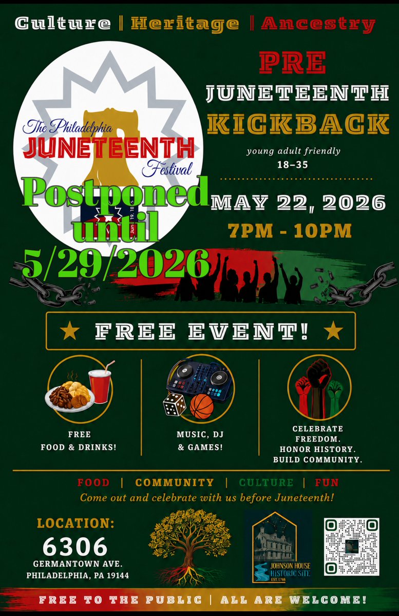 JohnsonHouse215's tweet photo. 🎉 PRE-JUNETEENTH KICKBACK 📷  Pull up and celebrate with us! 📷 May 29, 2026 📷 7PM – 10PM 📷 Music 📷 Food 📷 Young adults are especially encouraged to come out and connect as we kickback🍴🎮🤝 https://t.co/HJyjEurVtI