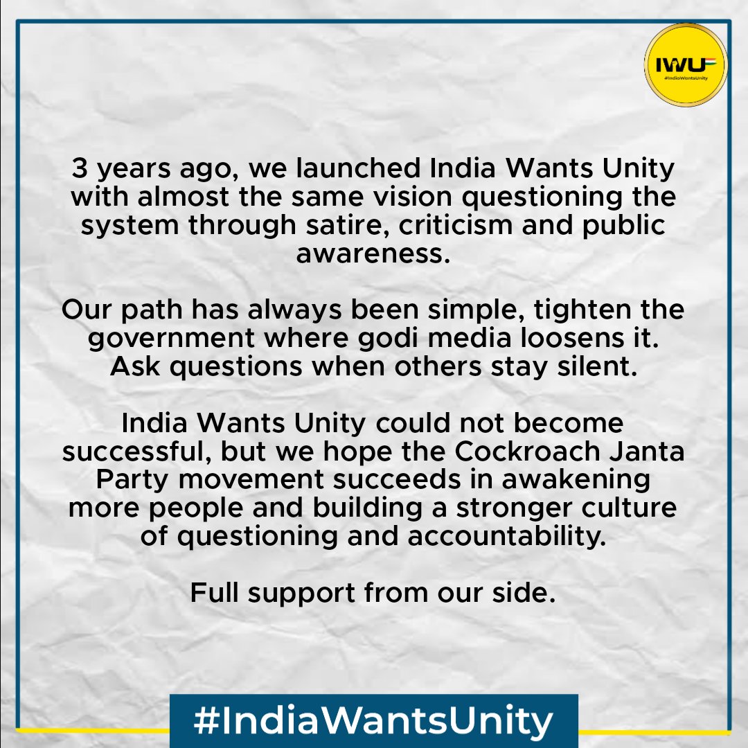 IndiaWantsUnity's tweet photo. We from @IndiaWantsUnity Community are giving full support to Cockroach Janta Party.

#IndiaWantsUnity #cockroachjantaparty https://t.co/yBenUtAI4K