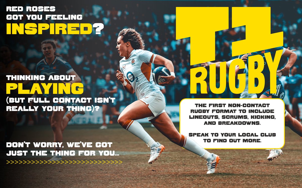T1RugbyEngland's tweet photo. Want to start playing rugby, but the contact side of the game is holding you back? 😬

Time to give #T1Rugby a go 🙌

Speak to your local club to find out more 🏉 https://t.co/s5TPlh4jVw