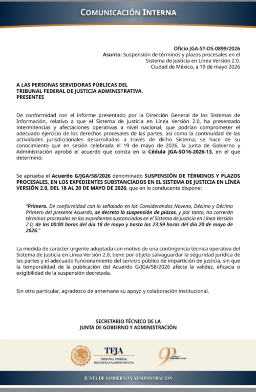 ColNacTrib's tweet photo. 📢 Debido a trabajos de actualización del Sistema de Justicia en Línea versión 2.0, el @TFJAMexico  aprobó el Acuerdo G/JGA/758/2026, mediante el cual se suspenden términos y plazos procesales del 18 al 20 de mayo de 2026.

#JuicioenLinea #Abogados #SAT #TFJA https://t.co/V9SZtxF13u