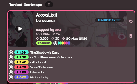 sdc10big's tweet photo. [#11 Ranked] cygnus - AxoqLixil [1.89 - 6.65*]
GDs by TheShadowOfDark, Pheromosa, nik, im yeojin and Ldnz!

Have fun playing! I'm very happy getting this one ranked :D
https://t.co/NekMMRttzC https://t.co/HR1taHA5Gu
