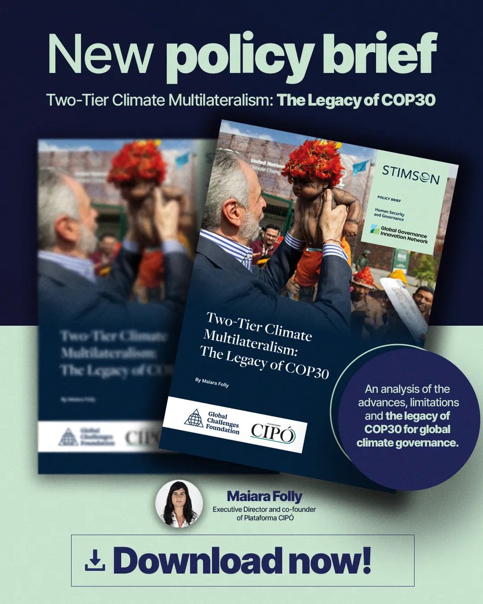 GGINetwork's tweet photo. 📘New policy brief: “Two-Tier Climate Multilateralism: The Legacy of COP30” by @mafolly @PlataformaCIPO 

Has COP30 shifted climate governance from pledges to delivery without compromising consensus-based legitimacy and multilateral credibility?

➡️ https://t.co/Yf0xEhmsFP https://t.co/kDB4jQjWDI