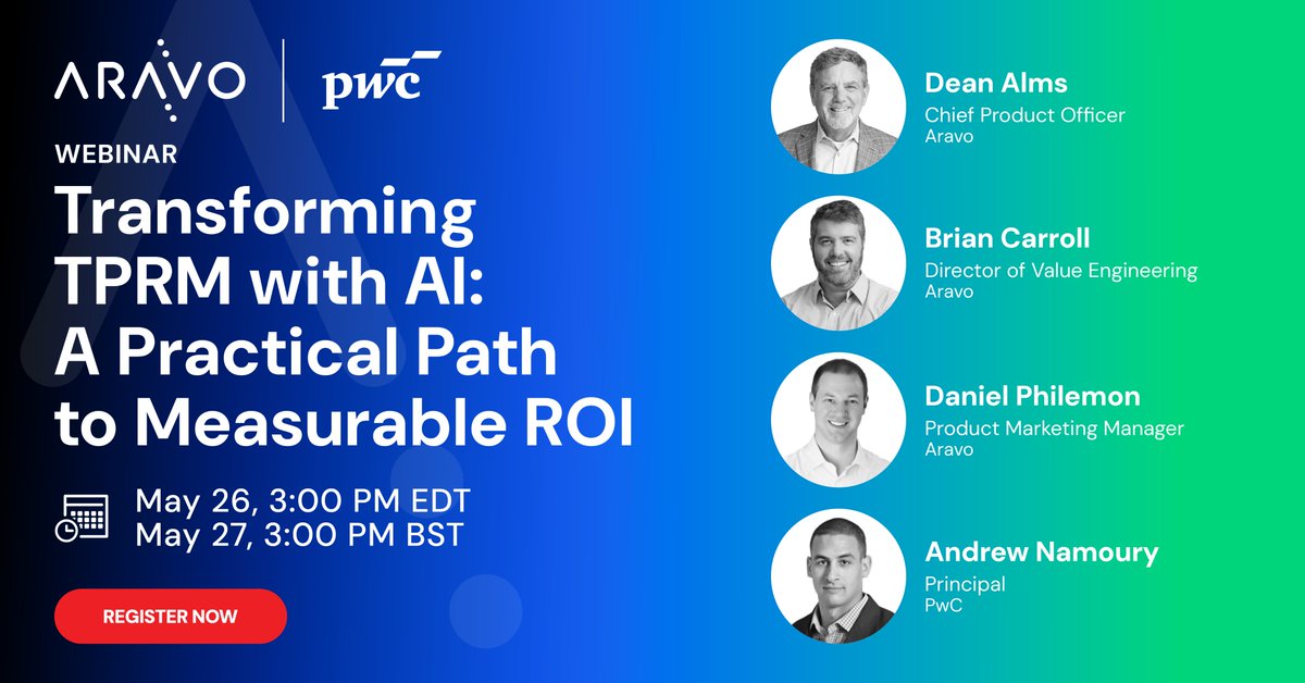 aravo's tweet photo. AI tools are everywhere. AI results? 𝘚𝘵𝘪𝘭𝘭 𝘸𝘢𝘪𝘵𝘪𝘯𝘨... Join Aravo and @PwC on May 26 or 27 for a chance to hear how TPRM teams are bridging that gap and moving beyond fragmented pilots to scalable, enterprise-grade AI that delivers ROI. 🔗https://t.co/PRMT6NCcsN https://t.co/nsxlWLjDdn
