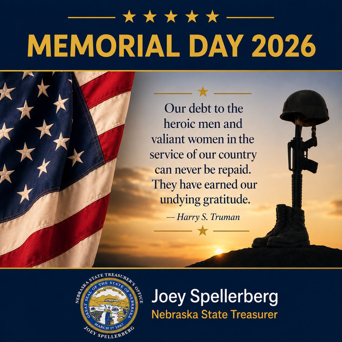 NeTreasurer's tweet photo. Today, we honor the 1.2 to 1.3 million Americans who have given their lives in service to our nation over the past 250 years. Their sacrifice for our freedoms will never be forgotten.
#MemorialDay
#neverforget https://t.co/MWebGwAx4s