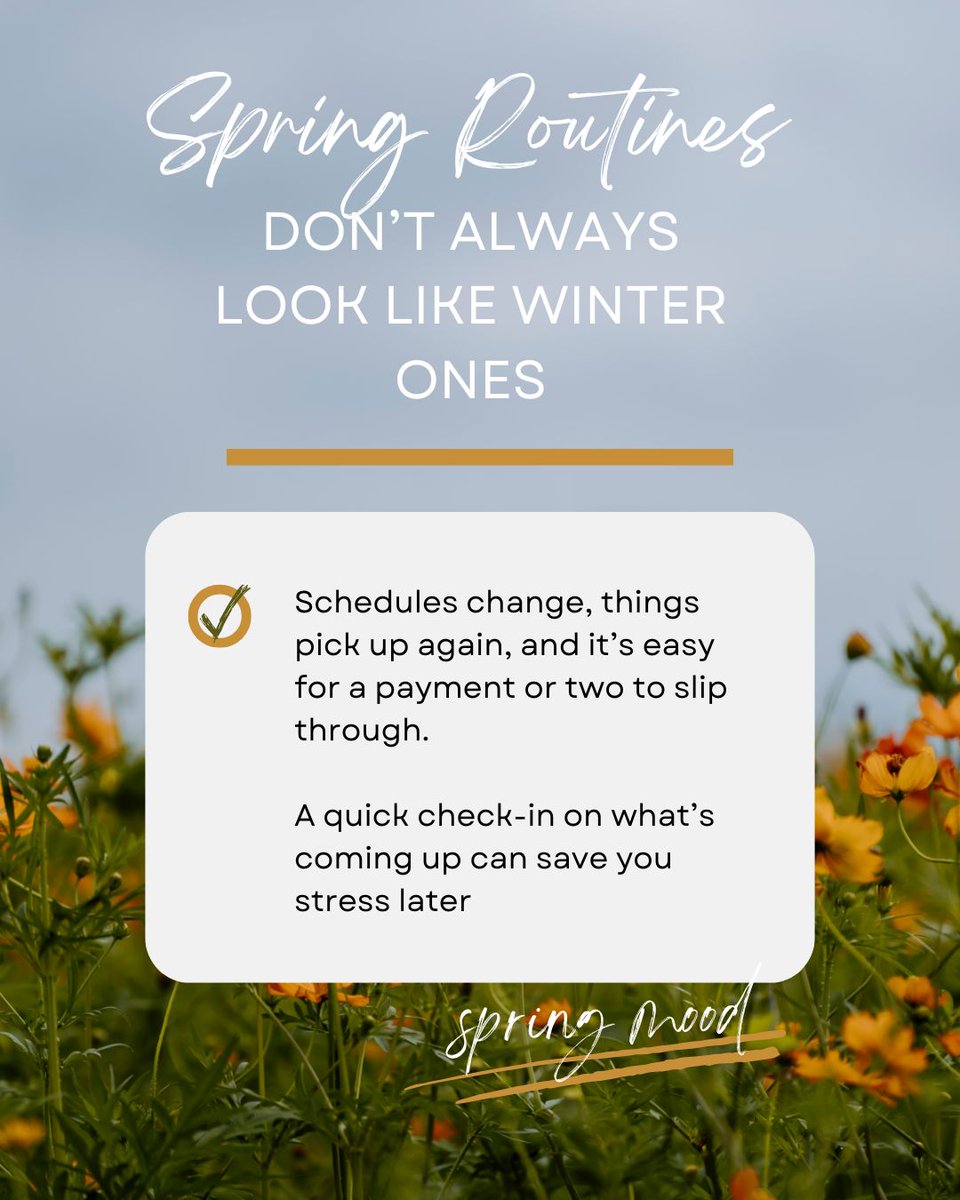 DoyleSalewski's tweet photo. Spring routines don’t always look like winter ones.

Schedules change, things pick up again, and it’s easy for a payment or two to slip through.
A quick check-in on what’s coming up can save you stress later.

📞 613-237-5555
#FinancialWellness #ManageYourFinances  #FinanceTips https://t.co/HJGmMJ0U6B