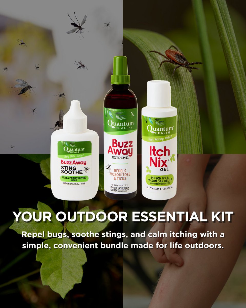 QuantumNatural's tweet photo. Save 20% on the Outdoor Essentials Bundle 🌿 Get protection from bugs, relief for bites and stings, and support for itchy skin in one kit. Exclusively available on https://t.co/gElUTce4La
•
#BuzzAwayExtreme #MosquitoRepellent #Summer #BugBites #QuantumHealth https://t.co/XJHzEeesQU
