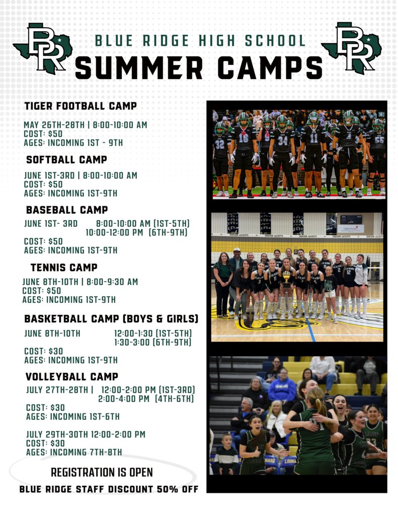 BlueRidgeISD's tweet photo. Blue Ridge ISD Athletic Summer Camps are coming soon!

Registration is open for football, softball, baseball, tennis, basketball, and volleyball camps.

See the flyer for more info.

Register here:
https://t.co/suZhoPCajT https://t.co/8mbKFQ0r9S