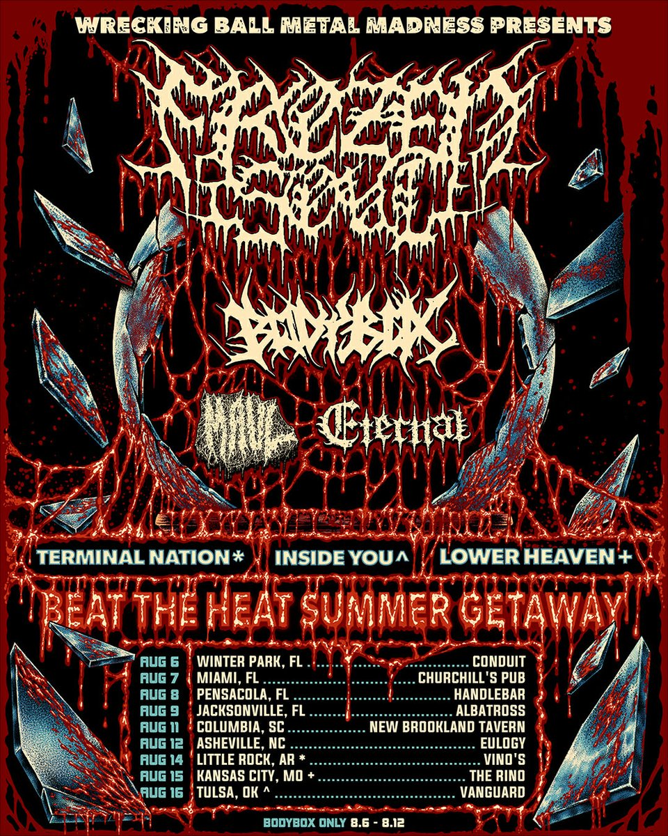 MAUL701's tweet photo. @wreckingballmetalmadness presents 

Beat the Heat Summer Getaway 

featuring friends:
@bodyboxfldm
@eternalbandaz 

And on select dates:
@terminalnation
@insideyouhc
@ectospire
@mortalfuckingcoil 

Tickets on sale Friday at https://t.co/GjR6u3wGlT https://t.co/hWlKiXahk3
