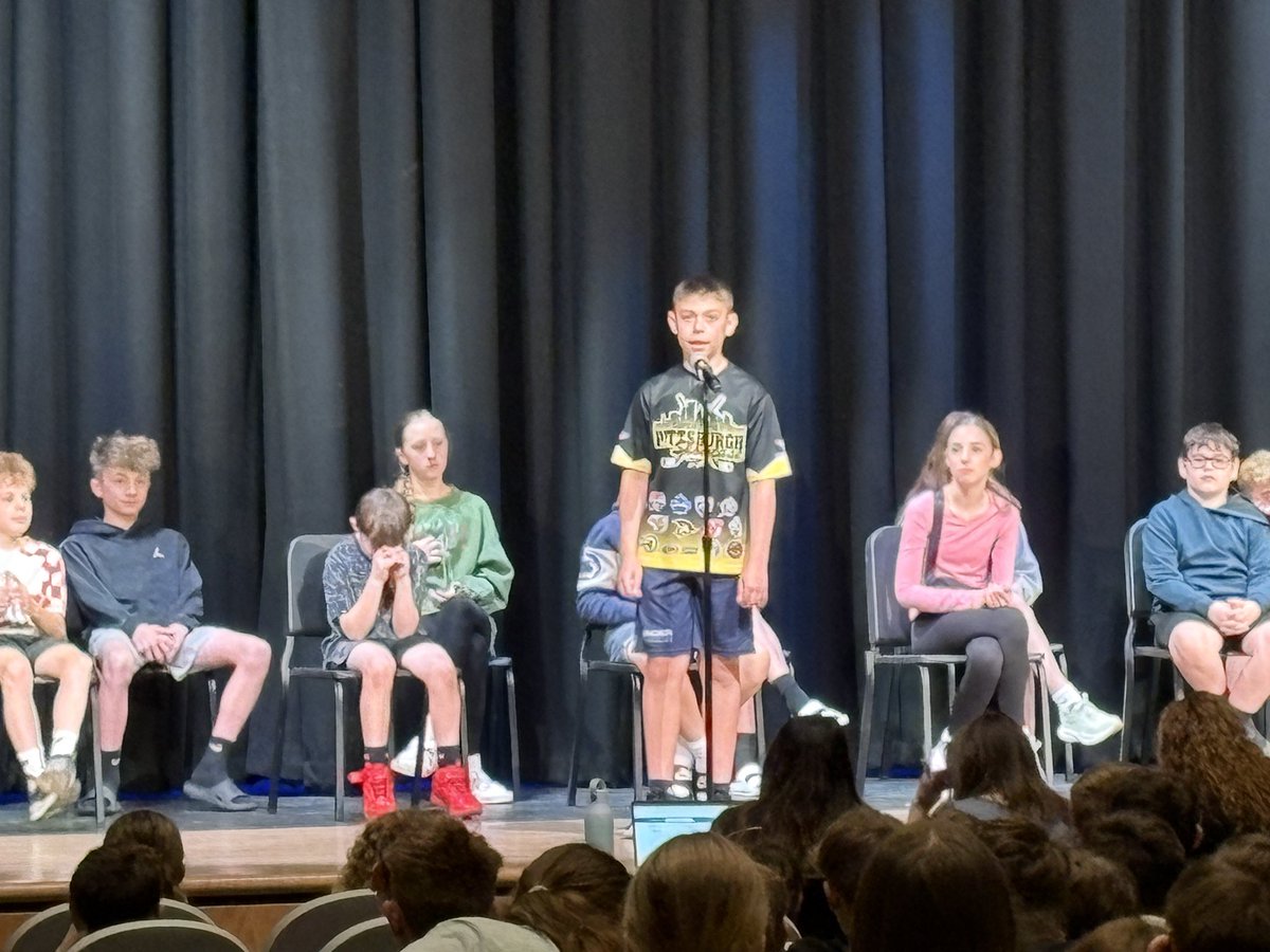 FreeportAreaMS's tweet photo. Congratulations to our top 3 spellers in each 6th grade ELA class that competed in our 4th annual spelling bee. Jacob Bender won the competition with words they had this school year. https://t.co/DnG4SypXnW
