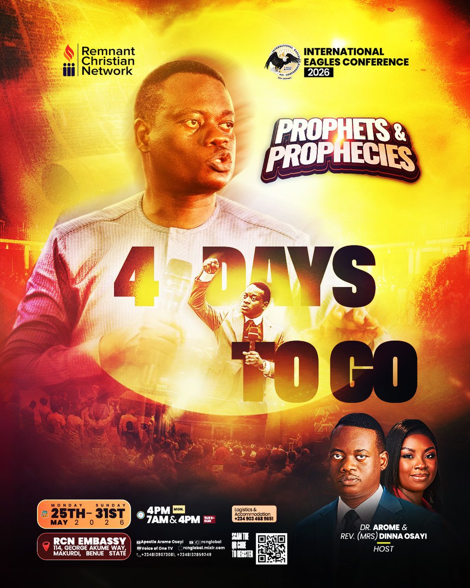 _rcnglobal's tweet photo. 4 Days to Go.

The prophet stands. The congregation waits. The word is loaded and ready to be released. In 4 days, what you see in this image will become a living reality at the International Eagles Conference 2026 — Prophets and Prophecies. https://t.co/USjJggbNS9