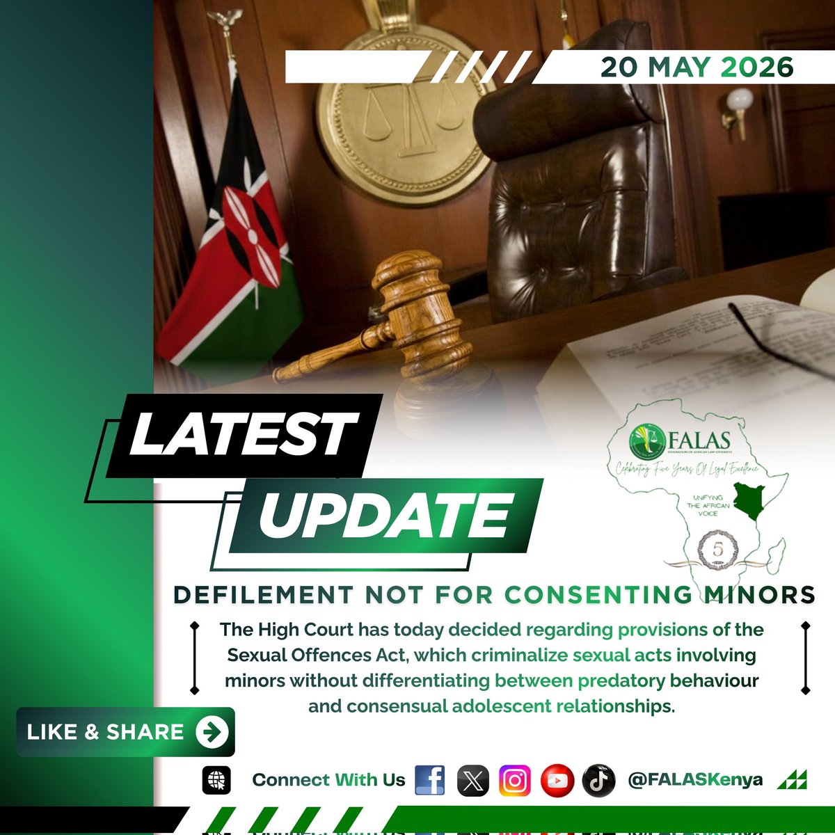 FALASKenya's tweet photo. High Court Rules Against Defilement Charge for Consensual Minors.
Read More: https://t.co/vD62RaA9uQ https://t.co/2uD5b708DB