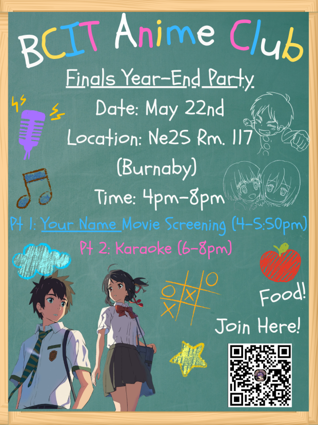 BCITAni's tweet photo. BCIT Anime Club Year- End Party Announcement🎉

Hey everyone, the BCIT Anime Club would like to announce our Finals Year-End end part happening this Friday to celebrate the end of the school year 🎓🎊🥳

#bcit #bcitanime #animeclub #party #anime https://t.co/Oigst4gdao