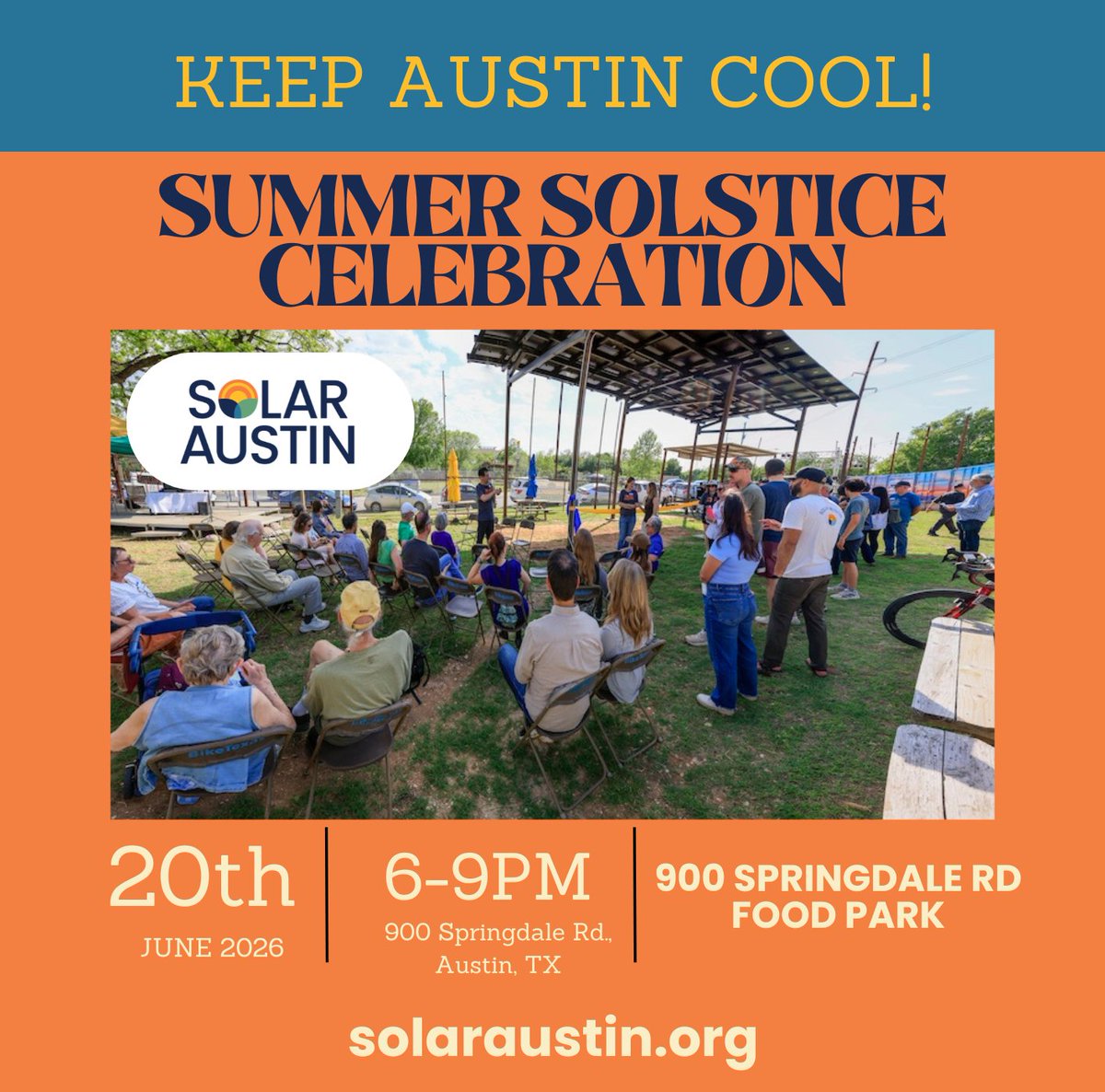 TXSES's tweet photo. SAVE THE DATE! ☀️ On June 20th, join #TXSES chapter #SolarAustin for their 2026 #SummerSolstice Celebration and Keep Austin Cool!
➡️ Get Tickets: Link in Comments
🗓️ June 20, 2026 | 6–9 PM
📍 900 Springdale Rd, Austin (Food Park)

#solar https://t.co/LJSh7MtM95