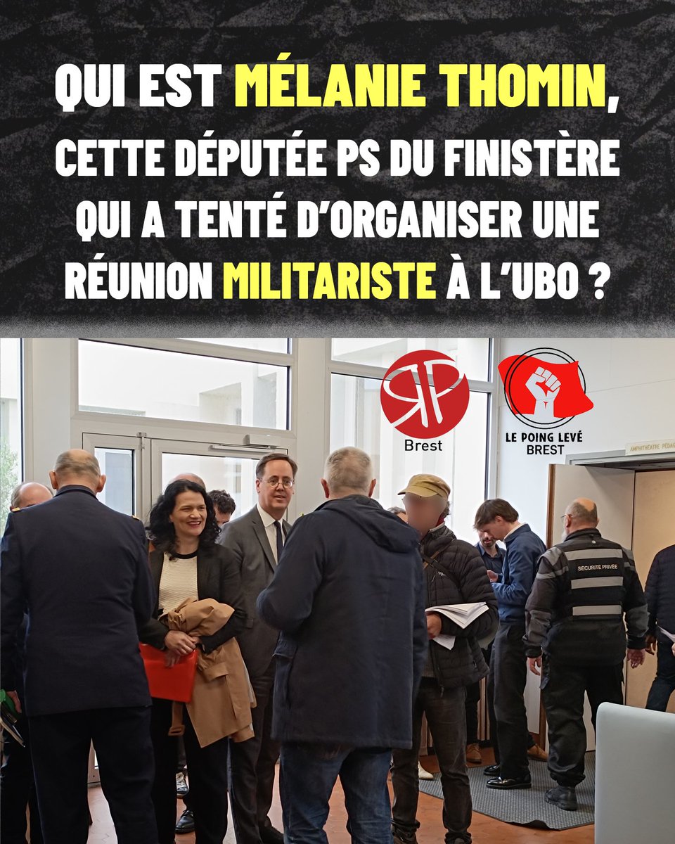 RevPermanente29's tweet photo. 📢QUI EST MÉLANIE THOMIN, CETTE DÉPUTÉE #PS DU FINISTÈRE QUI A TENTÉ D’ORGANISER UNE RÉUNION MILITARISTE À L’#UBO ?

📝Texte de Révolution Permanente et Le Poing Levé #Brest (@LPL_Brest) sur @Mel_Thomin de la @fede_PS29 

#militarisation

🧵1/4⤵️ https://t.co/rYhAFemFXQ