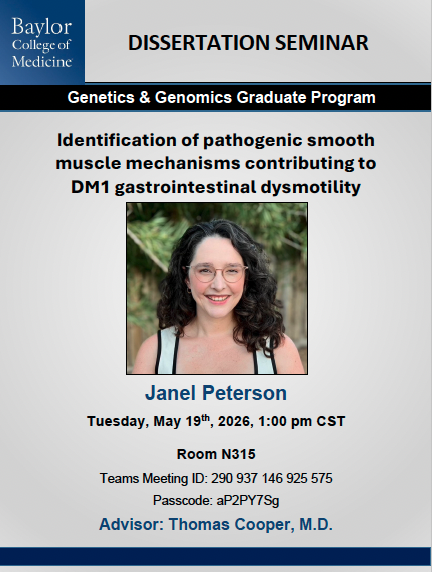 bcmgenetics's tweet photo. Congratulations to Dr. Janel Peterson of the Cooper lab on your successful dissertation! Janel's dissertation was “Identification of pathogenic smooth muscle mechanisms contributing to DM1 gastrointestinal dysmotility” 🥳 #genetics #genomics #PhD https://t.co/GGwjVZwTda