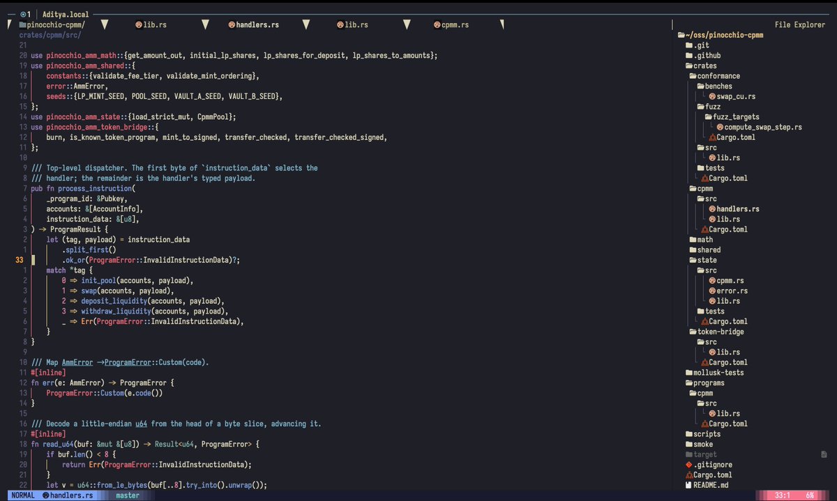 AdityaPlusp's tweet photo. Pinocchio-native CPMM on Solana  init, deposit, swap, withdraw.  
Mollusk run against the deployed ⁠.so⁠; math is byte-exact to ⁠x · y = k⁠ at every step:

 init: 22,851 CU
 deposit: 22,458 CU
 swap: 16,542 CU
 withdraw: 22,719 CU

Devnet:4rP1EFZ8BPBprGPdcDtduidTPjwzXxLmGqvrxLmCiTQX⁠

NOTE :Not audited, not mainnet, repo soon