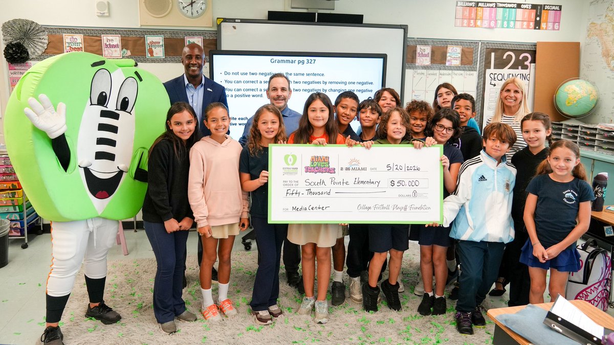 SuptDotres's tweet photo. What a wonderful surprise visit at @SouthPointeElem! Through our incredible partnership with @CFPExtraYard, we presented a $1,000 check to an amazing teacher, Ms. Jaclyn Pruna, for her classroom, and a $50,000 check to Principal Jorge Mazon to upgrade their school media center!  Thank you both for your relentless dedication, passion, and everything you do for our students and community every single day! #YourBestChoiceMDC