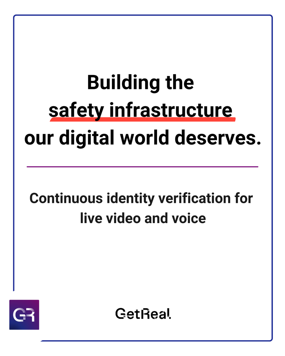 GetRealSecurity's tweet photo. We need the same guardrails, protections, and tools in digital spaces that we have in the physical world.

Crosswalks, helmets, and seatbelts need digital counterparts. Continuous identity verification is the next move in building the safety infrastructure our digital world deserves.

Read more about GetReal’s first-of-its-kind platform: https://t.co/6YKn6ACHNq