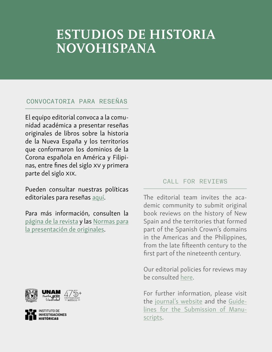 UNAM_Historicas's tweet photo. El equipo editorial de nuestra revista Estudios de Historia Novohispana convoca a la comunidad académica a presentar reseñas originales de libros.
Más información en:
https://t.co/MP2xGc5clR https://t.co/ZYHYIwZraq