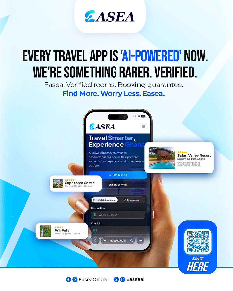 Easea_ai's tweet photo. Every other travel app will tell you they're "smart." We'll show you what we actually did.
Easea doesn't just list rooms; we walk through them. Interview the managers. Lock in net-rate agreements. Connect the data loop. And activate the booking guarantee. Every. Single. Property.

In a world where AI can fake a review in seconds, we chose to do the hard thing: show up in person.
40+ rooms. 7 partners. 100% audited. Zero guesswork for you.
This is what it looks like when a travel app earns your trust instead of just asking for it.

Scan the QR code or find us — Easea. Travel Smarter.

#VerifiedTravel #TravelSmart #BookWithConfidence #TravelApp #TrustYourBooking #TravelTips #WanderSmarter #HotelLife #TravelHacks #Easea