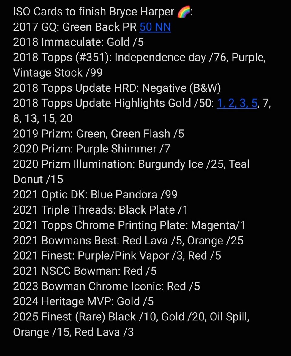 JrNoble1's tweet photo. Haven't put this out in the wild in awhile so please see list in first image. ISO some Bryce Harper cards to finish off some rainbows. There is a lot more as I have about 35 in progress. https://t.co/2sU37FGLuX
