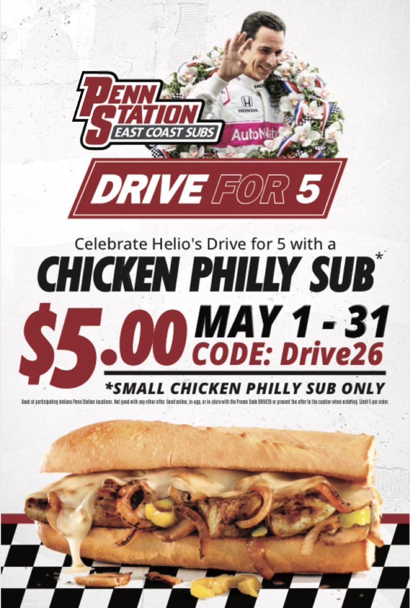 MeyerShankRac's tweet photo. Reminder that Penn Station’ celebration of Helio’s Drive for Five with $5 Chicken Philly subs runs all May long! 🏁🥪

#DriveForFive // #INDYCAR https://t.co/FAOUJNhdqA