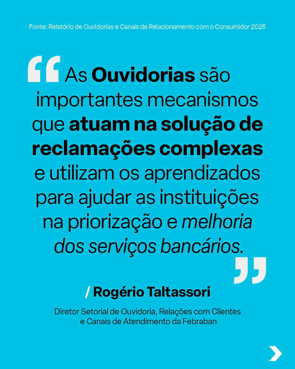 FEBRABAN's tweet photo. O resultado é um sistema mais transparente, mais responsivo e comprometido com os direitos do consumidor. Os dados e aprendizados fazem parte do Relatório de Ouvidorias e Canais de Relacionamento com o Consumidor 2025, elaborado pela Febraban. https://t.co/EmONEqNowu