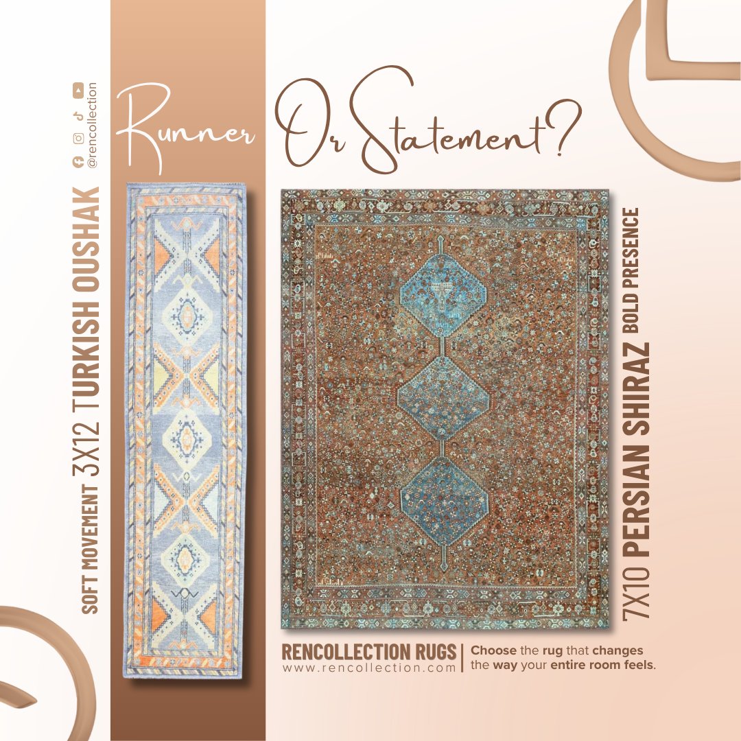 RenCollection's tweet photo. Two rugs. Two design personalities.
The 3x12 Turkish Oushak Runner brings graceful flow, while the 7x10 Antique Persian Shiraz creates bold depth and character. Discover which handcrafted statement belongs in your Dallas home.
#DallasDesign #LuxuryRugs #PersianRug https://t.co/wsWu8VTCSM