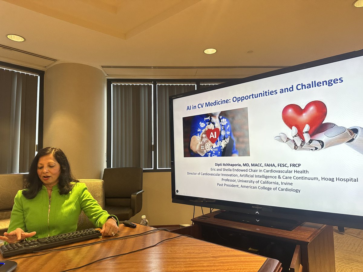 DineshKalra's tweet photo. Thrilled to have @ditchhaporia give #visitinggrandrounds @UofLCardiology on #AIinCardiology. An amazing, practical, clear-sighted talk on AI's amazing potential, the safeguards needed, and why it will transform and disrupt how we practice. But, as cardiologists who deploy #AI, we need to lead the way in validation, trust, evidence generation, privacy, equity, and responsible implementation. We need to do so thoughtfully so that it can benefit our patients and help workflow and prevent burnout. A masterclass! You are always welcome to come again next year to @uofl, Dipti for the @KentuckyDerby! @ACCinTouch @kentuckyacc @JACCJournals @UCIrvine @hoaghealth @Drroxmehran @timpotsMD @MrinShettyMD @UofLMedicine