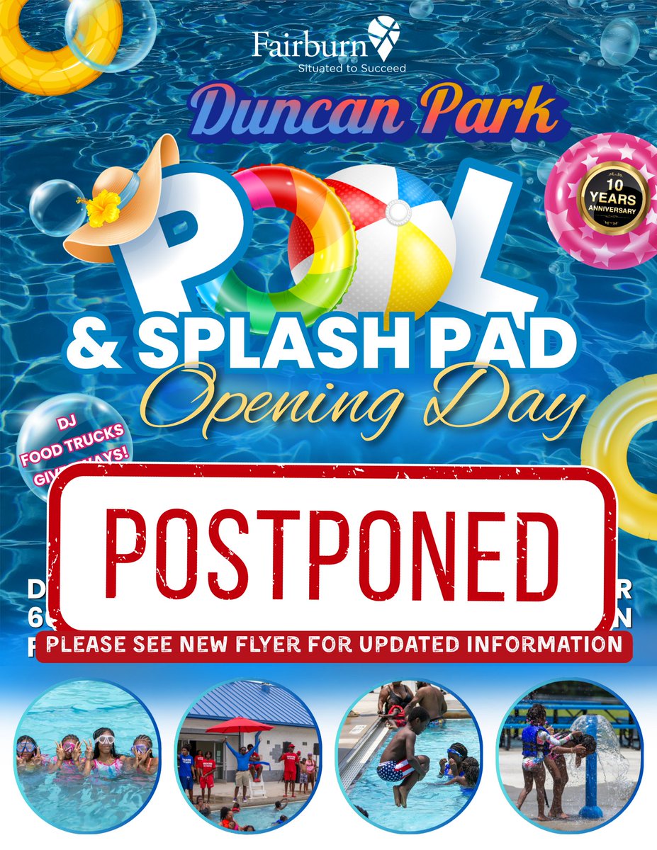 CityofFairburn's tweet photo. Due to weather, Duncan Park Pool &amp; Splash Pad opens Thu, May 28, 1-6 pm 🏊‍♀️ $3 admission, free under 2 📍6000 Rivertown Rd 

#OneFairburn #FairburnGa #ThingsToDoInFairburn #CommunityPool https://t.co/hZaAonSskk