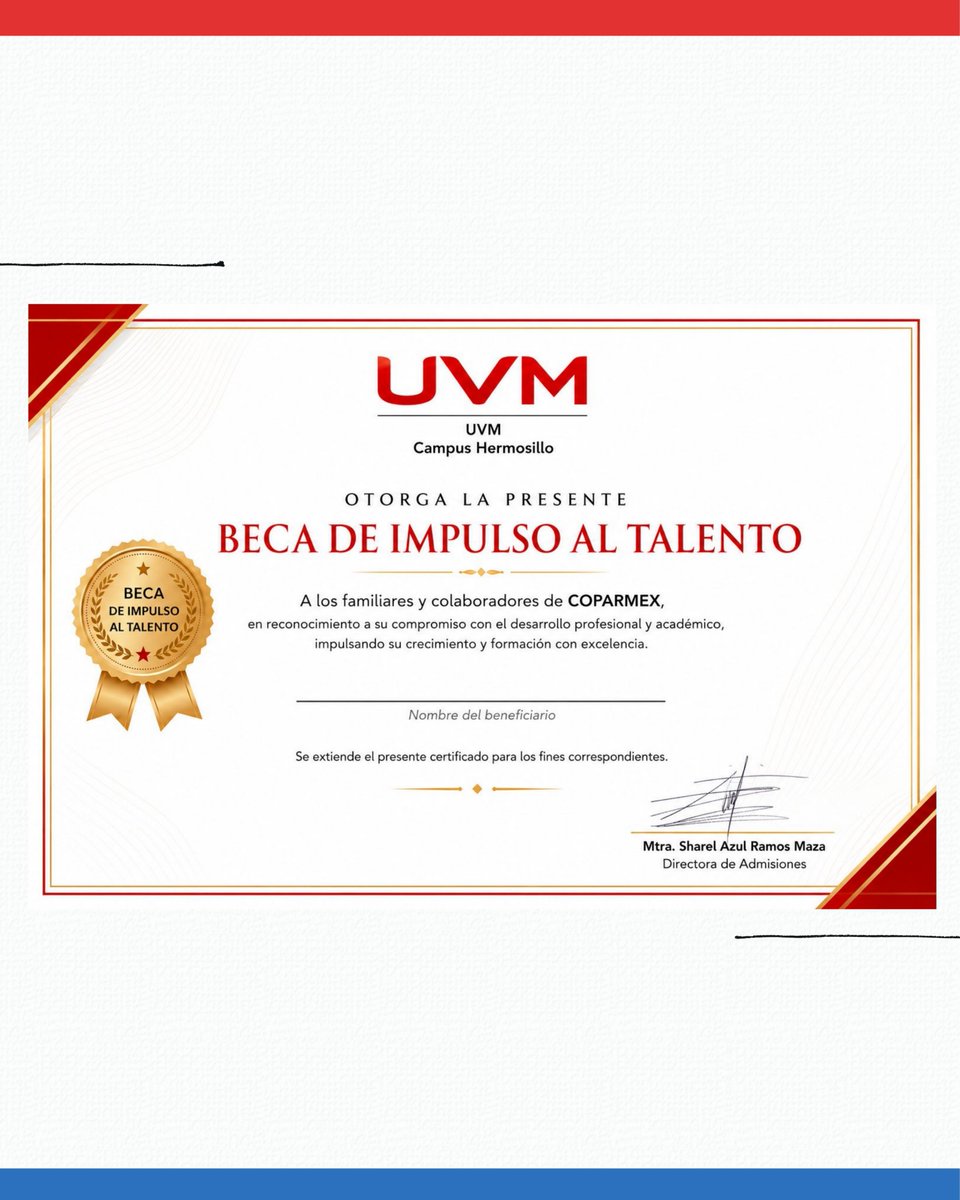 COPARMEXSON's tweet photo. 🎓 Alianza que impulsa el talento 🤝

Socios, colaboradores y sus familias de COPARMEX Sonora Norte pueden acceder a la Beca de Impulso al Talento con UVM Hermosillo.
💡Durante el mes de mayo, aprovecha este beneficio.

Informes: (662) 238 7995 ext. 28004
sharel.ramos@uvmnet.edu https://t.co/4Fxm9rTDlN