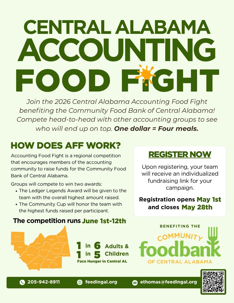 feedingAL's tweet photo. Accounting firms across central Alabama are going head-to-head in the Central Alabama Accounting Food Fight — and your firm can join the competition.

Compete to raise funds in the fight against hunger June 1–12. Registration closes May 28.

Sign up today: https://t.co/mzaq7tsHqZ https://t.co/EorfBKBOyd