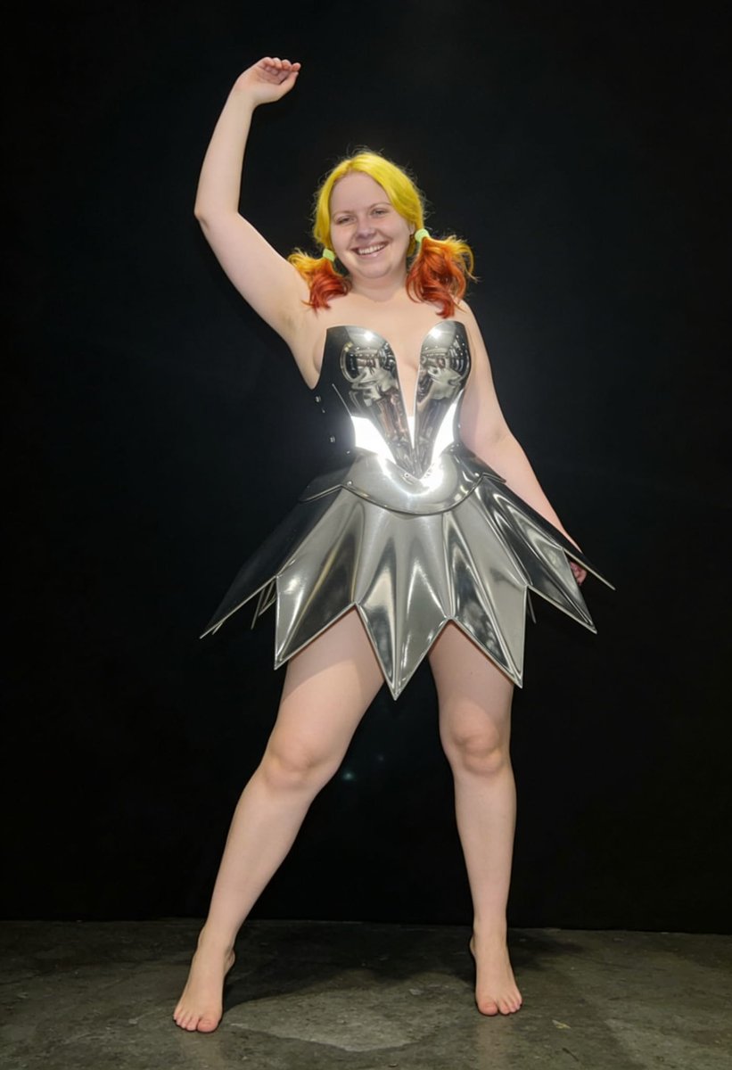 Lizzy1262629's tweet photo. channeling full metallic alien queen vibes in this insane handcrafted silver armor dress! ✨🪩 The sharp geometric spikes, reflective shine, and dramatic shoulder pieces #MetallicDress #ArmorFashion #SilverOutfit #FuturisticFashion #ShinyCostume #AlienQueen #FestivalFashion https://t.co/N6g0WBl0F4