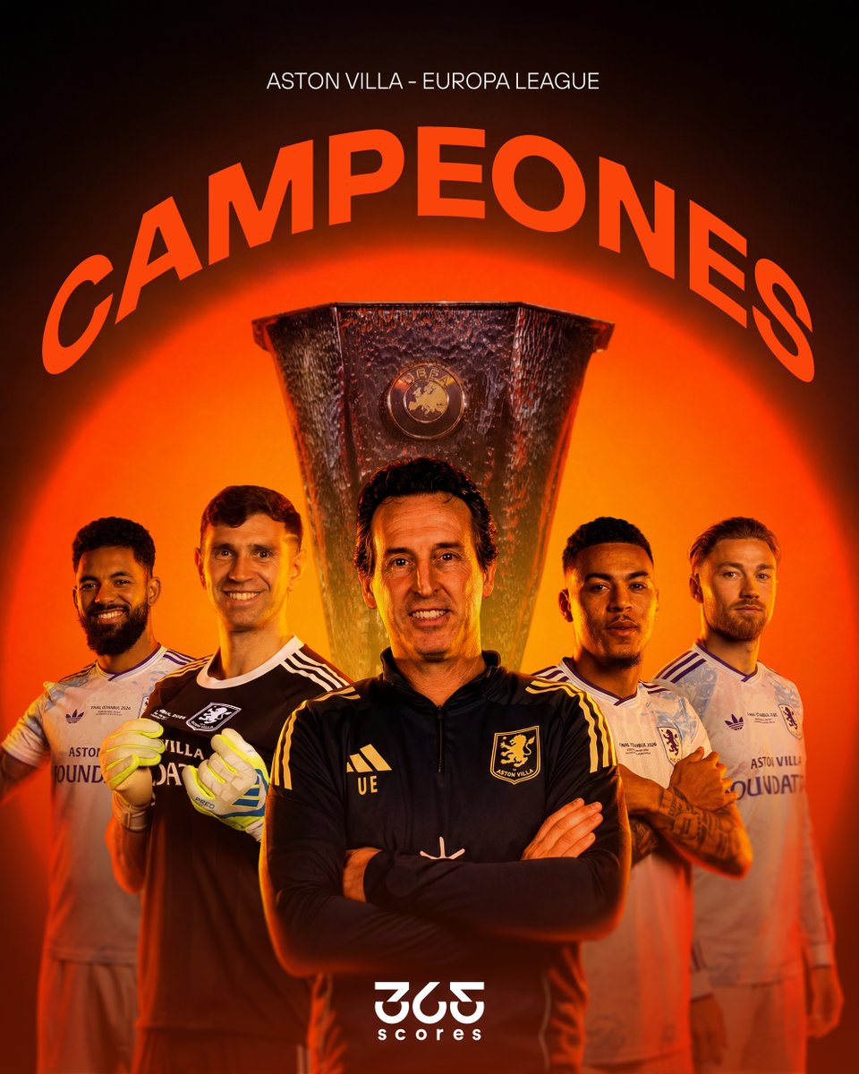 365ScoresApp's tweet photo. ¡ASTON VILLA ES CAMPEÓN! 🏆

Los Villanos golearon por 3 a 0 al Friburgo en Estambul y se quedaron con la Europa League.

Consiguen el CUARTO título internacional de su historia: 
🏆 Champions League 1982 
🏆 Supercopa de Europa 1982 
🏆 Copa Intertoto 2001 
🏆 Europa League 2026 🆕

Además, un dato tremendo: es la QUINTA vez que Unai Emery gana esta competición. ¡El verdadero REY del torneo! 👑