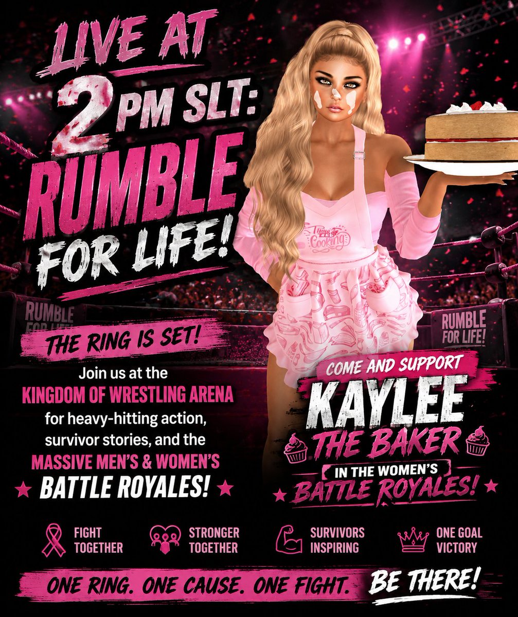KRaremaster's tweet photo. LIVE AT 2 PM SLT: RUMBLE FOR LIFE! The ring is set!  Join us at the Kingdom of Wrestling Arena for heavy-hitting action, survivor stories, and the massive Men's &amp; Women's Battle Royales!   
[FAN SLURL] https://t.co/KXOuknoTry https://t.co/APBiII4Lv2