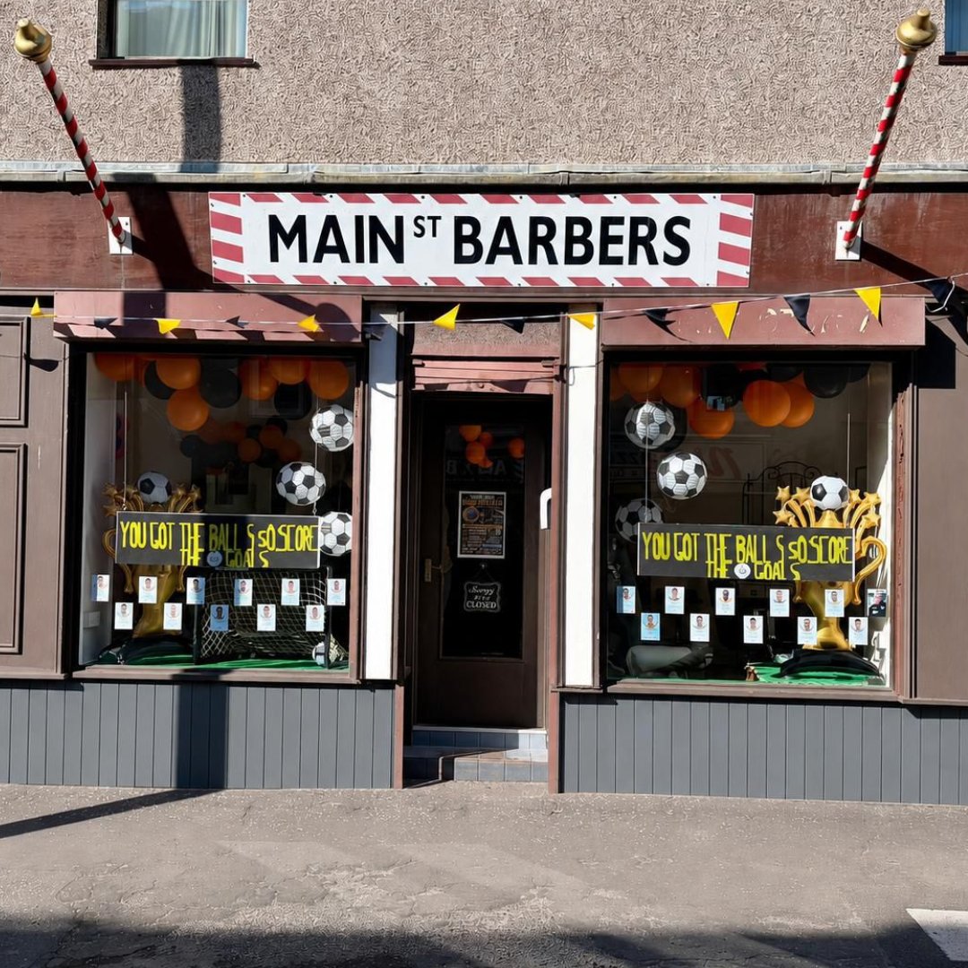 LargsThistleFC's tweet photo. Main Street Barbers, ready for Largs Thistle's cup final. We're loving Largs in yellow and black. 💛 @scottishjuniors https://t.co/Rrca6Hwlbk