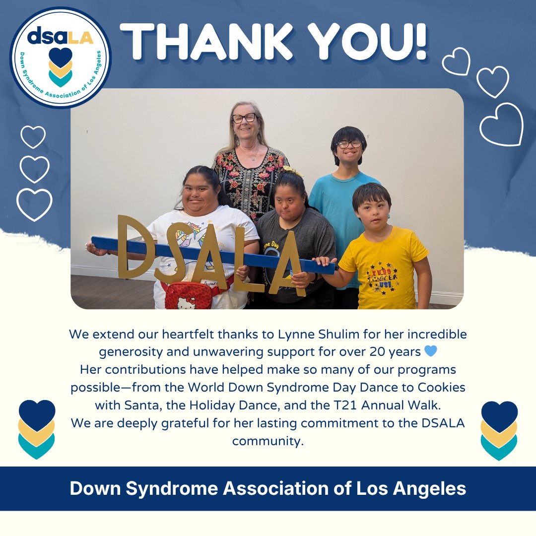 DownSyndromeLA's tweet photo. A heartfelt THANK YOU to Lynne Shulim 💙💛 For more than 20 years, Lynne’s generosity and dedication have helped create unforgettable DSALA moments — from dances and holiday events to our T21 Annual Walk. Thank you for your lasting support of our community! ✨ https://t.co/UVUUwEx7vJ