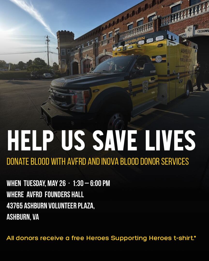 ashburnFire's tweet photo. Blood Donors Needed! 🩸

Join us and INOVA Blood Donor Services on Tuesday, May 26, from 1:30 p.m. to 6:00 p.m. at Founders Hall, 43765 Ashburn Volunteer Plaza.

You don’t have to be a first responder to save a life. Every blood donation can help patient… https://t.co/eSYr9aOc1c https://t.co/iA41174TsD