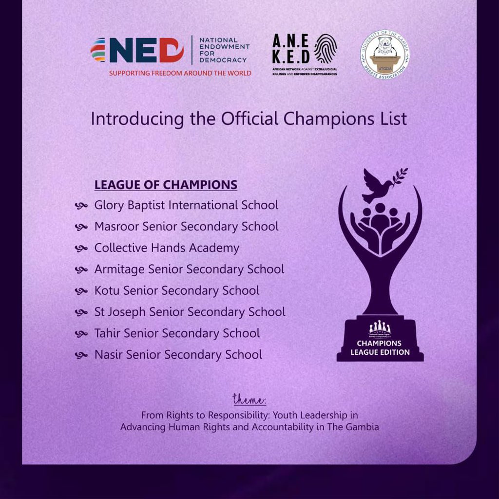 utg_da's tweet photo. OFFICIAL UNVEILING: Participating schools for the Champions League Edition of the NHRD Championship 3.0 have officially been unveiled under the theme: “From Rights to Responsibility: Youth Leadership in Advancing Human Rights and Accountability in The Gambia. https://t.co/7OpKl1DbAk