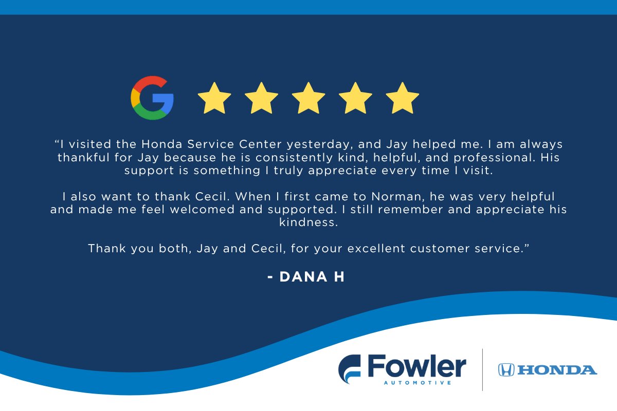 FowlerHonda's tweet photo. Thank You for the Wonderful 5 Star Review ⭐⭐⭐⭐⭐ We’re Proud to Have Team Members Like Jay and Cecil Who Go Above and Beyond for Our Customers at Fowler Honda 🚗✨ #Fowler #FowlerAuto #Auto #FowlerHonda @fowlerauto https://t.co/4WlieNuOyD